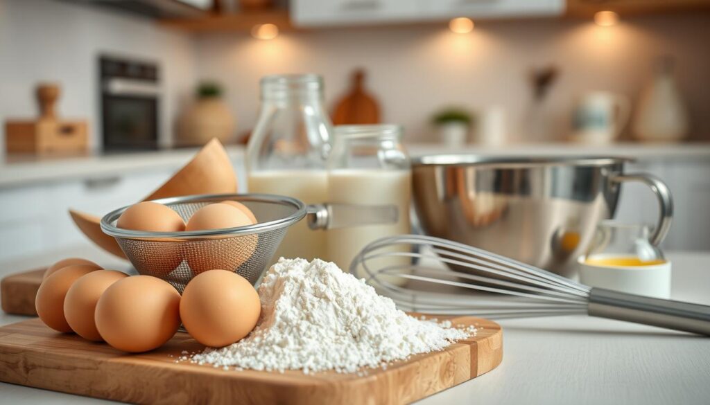 A beautifully lit, high-resolution still life photograph of a collection of essential ingredients and utensils for making delicious crepes at home. The foreground features a wooden cutting board with fresh eggs, a sifter of flour, a glass measuring cup, and a whisk. In the middle ground, there is a stainless steel mixing bowl, a jar of milk, and a small pitcher of melted butter. The background has a soft, blurred view of a modern kitchen with clean, white countertops and warm, ambient lighting. The overall mood is one of culinary preparation, simplicity, and anticipation.