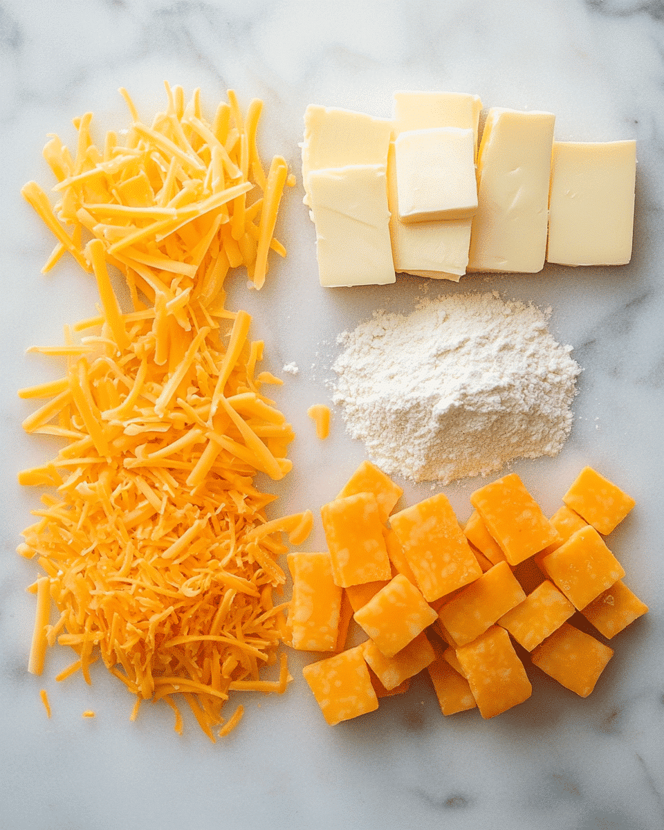 Cheese crackers ingredients including cheddar, flour, cornstarch, salt, butter, and water