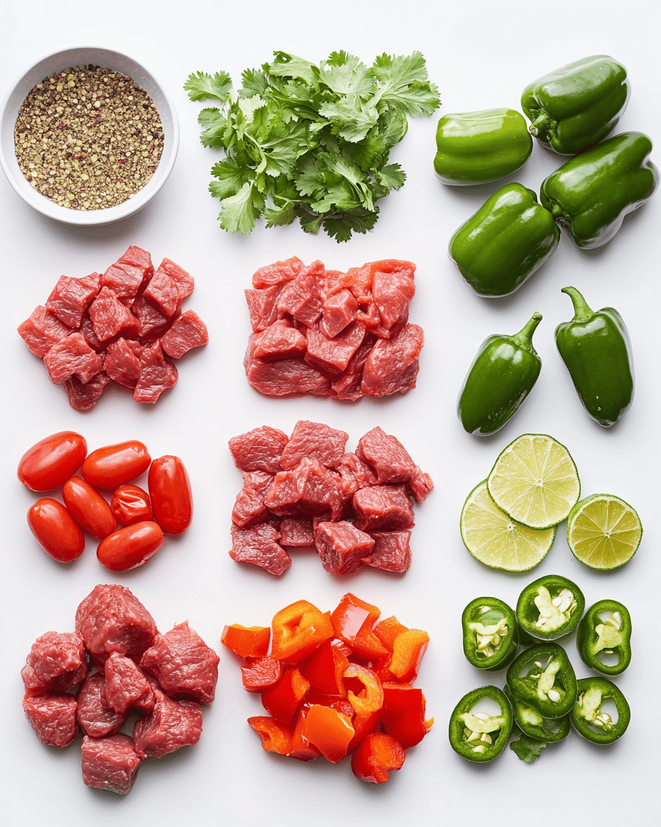 Carne picada ingredients including beef, spices, and fresh herbs