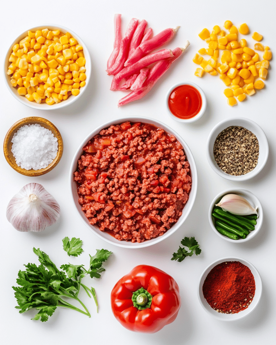 Crock pot ground beef ingredients arranged on a wooden cutting board
