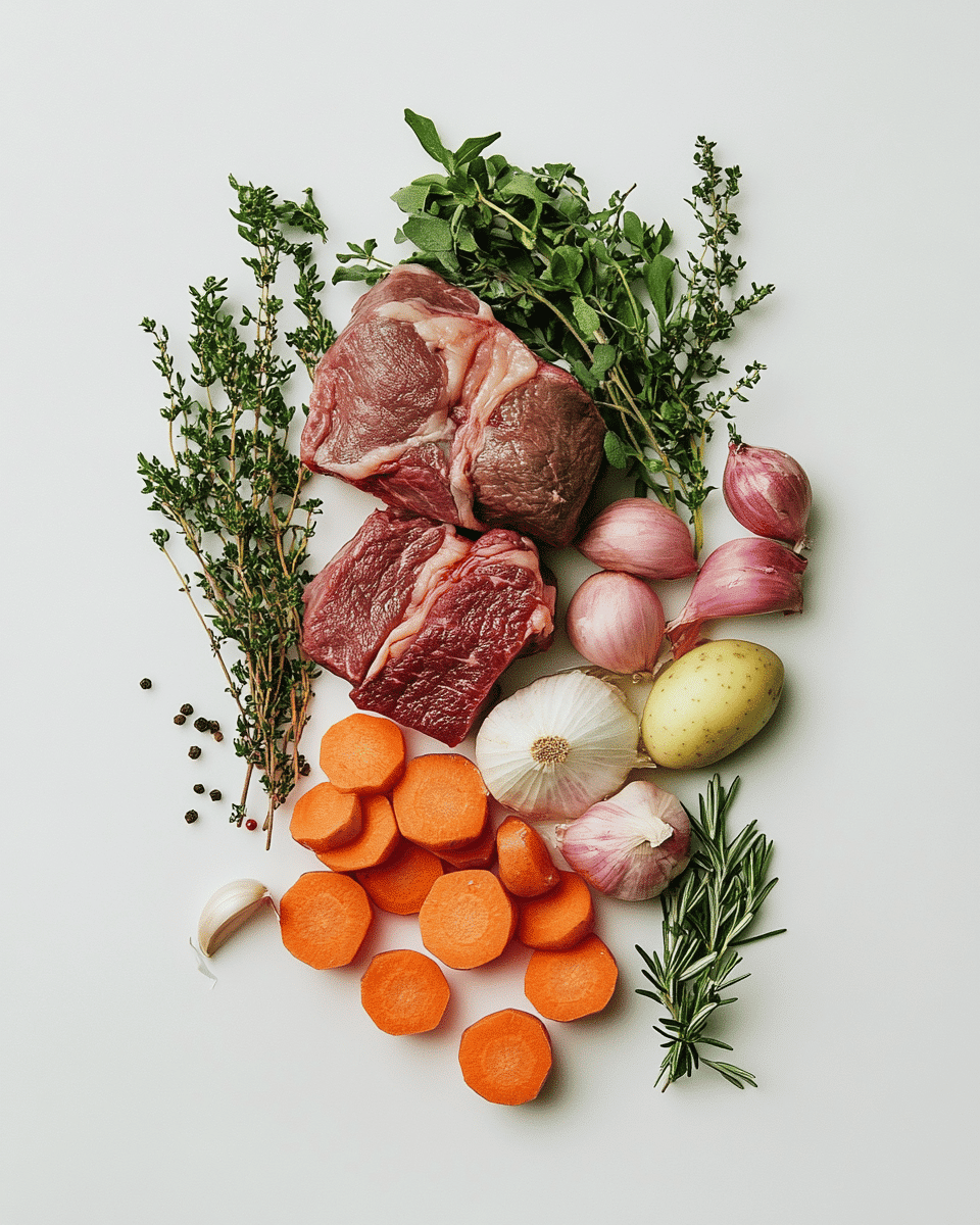 Crockpot meal prep ingredients laid out on a wooden table, including proteins, vegetables, and seasonings