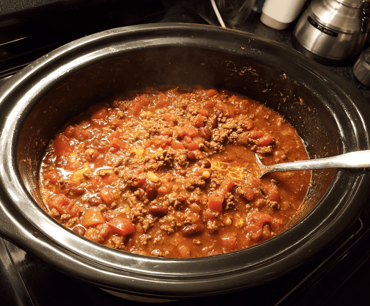 Brown ground beef in a skillet, Drain excess fat from beef, Add chopped onions and garlic to the skillet and sauté until translucent, Transfer beef mixture to crockpot, Add diced vegetables like bell peppers and carrots, Pour in tomato sauce or diced tomatoes, Add beef broth or water for desired consistency, Season with salt, pepper, and preferred spices, Stir in any beans or additional ingredients, Cover crockpot with lid, Set crockpot to low for 6-8 hours or high for 3-4 hours, Stir occasionally if possible, Taste and adjust seasonings if needed, Add any quick-cooking ingredients like pasta in the last 30 minutes, Garnish with fresh herbs before serving, Serve hot with desired sides