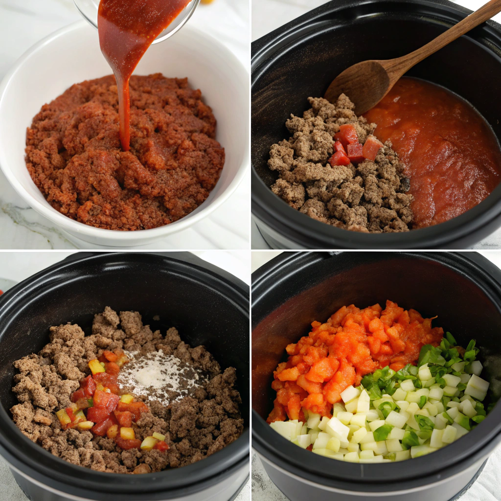 Step-by-step preparation of crock pot ground beef recipe showing browning, vegetables, and final dish