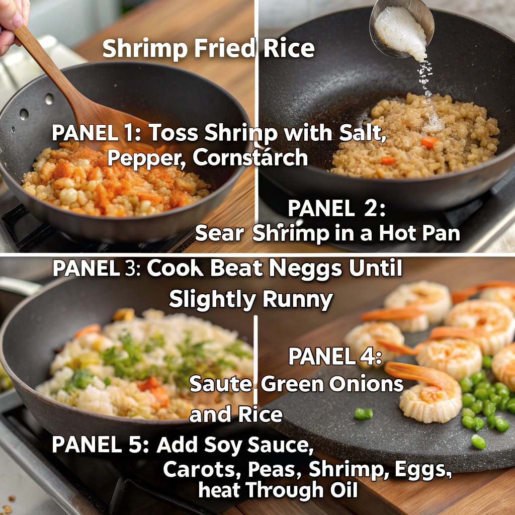 Step-by-step process of making shrimp fried rice showing the progression from raw ingredients to the finished colorful dish in a wok