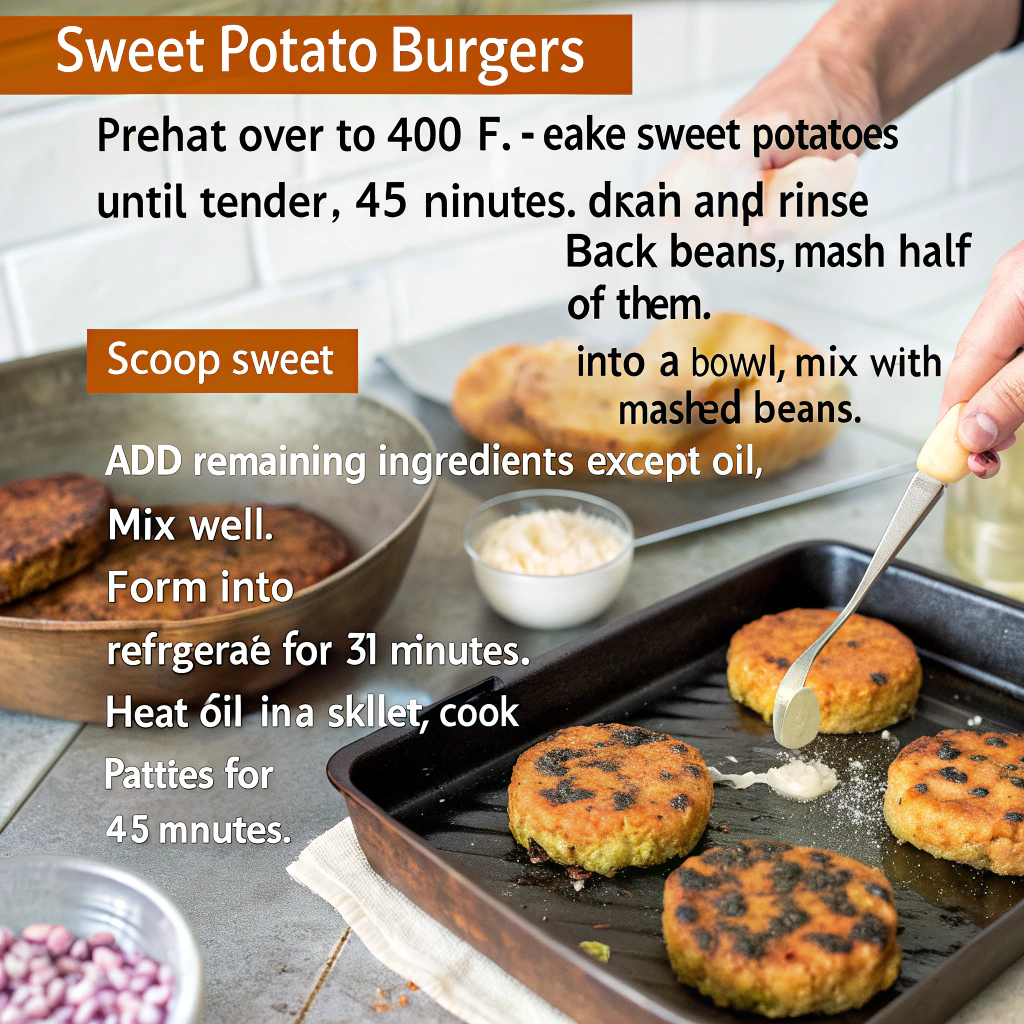 Step by step process of making sweet potato burgers showing mixing ingredients, forming patties, and cooking until golden brown