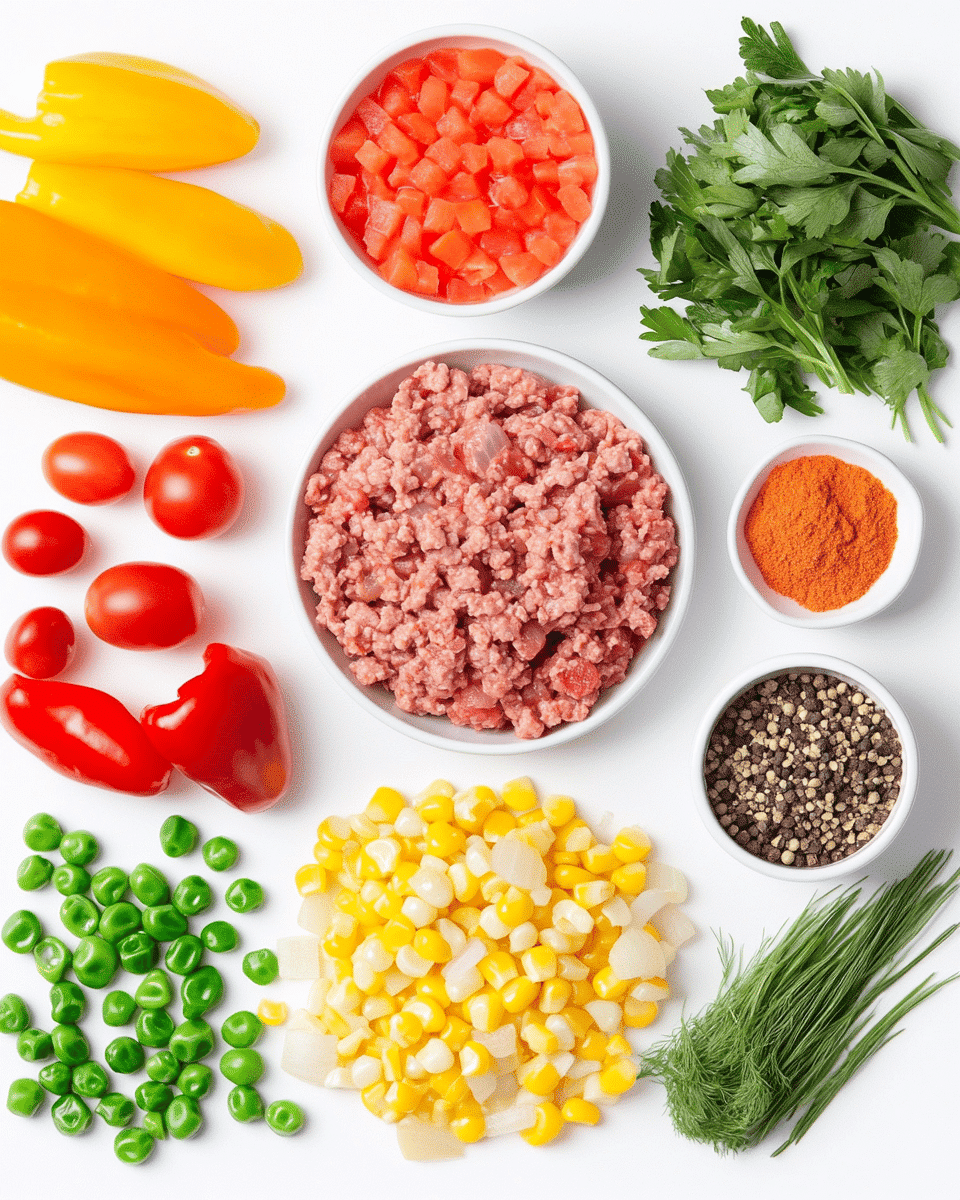 Ground beef crock pot ingredients displayed on wooden cutting board