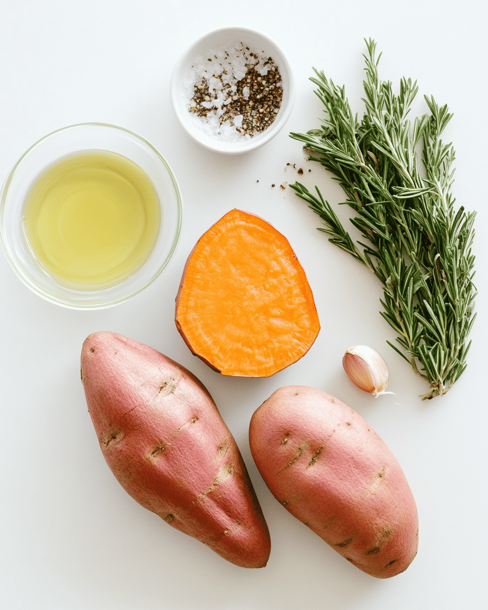 Roasted sweet potatoes ingredients laid out on a wooden cutting board, including fresh sweet potatoes, olive oil, garlic, rosemary, thyme, salt and pepper