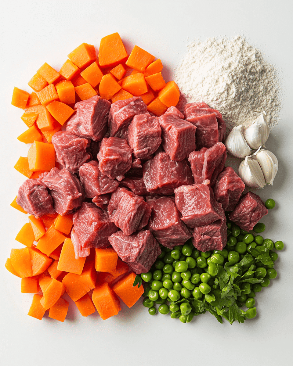 Slow cooker beef stew ingredients including beef chuck, carrots, potatoes, onions, and seasonings arranged on a wooden cutting board