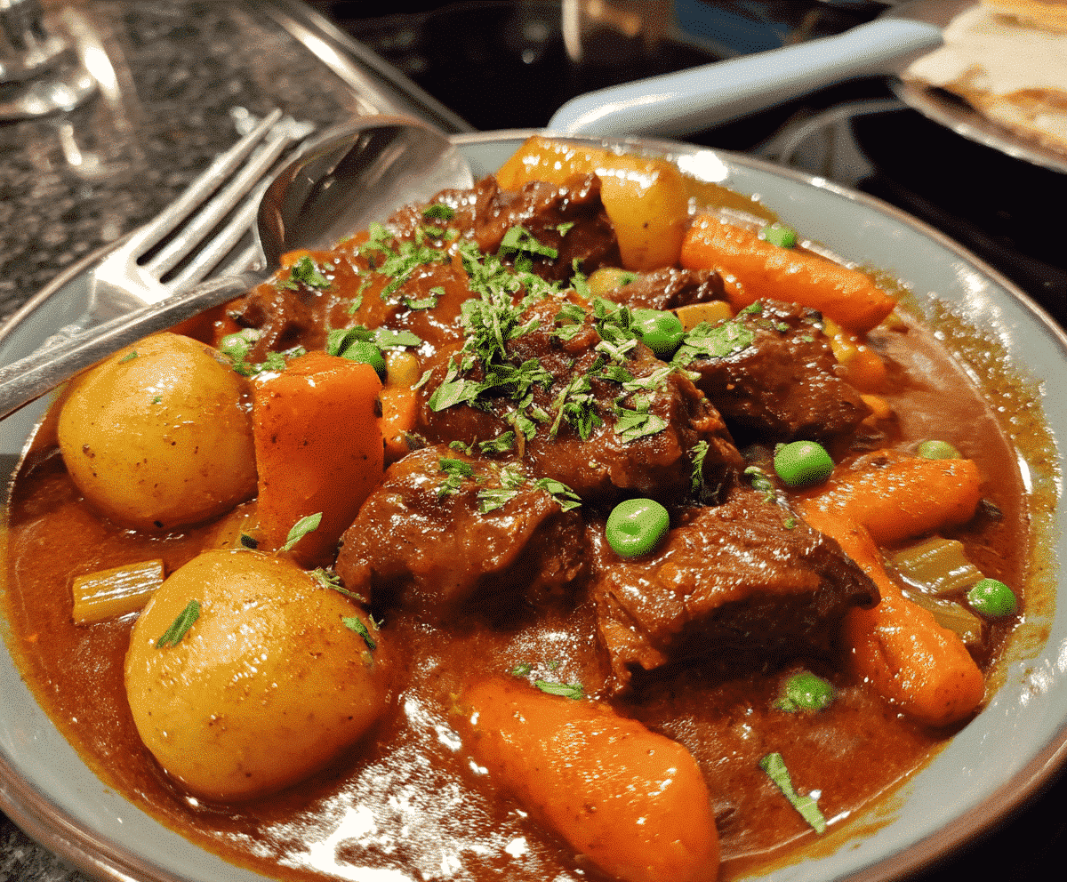 Season beef chunks with salt and pepper, Heat oil in a large skillet over medium-high heat, Brown beef in batches until seared on all sides, Transfer beef to slow cooker, Add chopped onions to the same skillet and sauté until translucent, Add minced garlic and cook for 30 seconds until fragrant, Deglaze skillet with red wine or beef broth, scraping up browned bits, Pour liquid mixture into slow cooker, Add chopped carrots, celery, and potatoes to slow cooker, Add bay leaves, thyme, rosemary, and other desired herbs, Pour in beef broth until ingredients are mostly covered, Stir in tomato paste, Worcestershire sauce, and any other desired seasonings, Cover slow cooker and cook on low for 7-8 hours or high for 4-5 hours until beef is tender, In a small bowl, mix flour with water to create a slurry, Stir slurry into stew during last 30 minutes of cooking to thicken, Remove bay leaves and herb stems before serving, Taste and adjust seasonings if needed, Serve hot with crusty bread