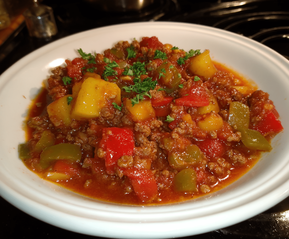 Brown ground beef in a skillet until no longer pink, Drain excess fat from the beef, Add chopped onions and garlic to the beef and sauté until translucent, Transfer beef mixture to the crock pot, Add diced tomatoes, tomato sauce, beef broth, and seasonings (salt, pepper, Italian herbs) to the crock pot, Stir in chopped vegetables like bell peppers, carrots, and celery, Add beans if desired (kidney or black beans work well), Mix all ingredients thoroughly in the crock pot, Cover with lid and cook on low for 6-8 hours or on high for 3-4 hours, Stir occasionally if possible, Taste and adjust seasonings as needed before serving, Serve hot with optional toppings like shredded cheese, sour cream, or fresh herbs